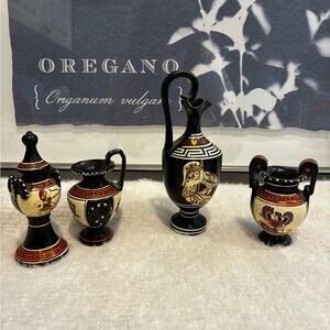 Greek signed vintage  Black and orange tiny vases Set of 4